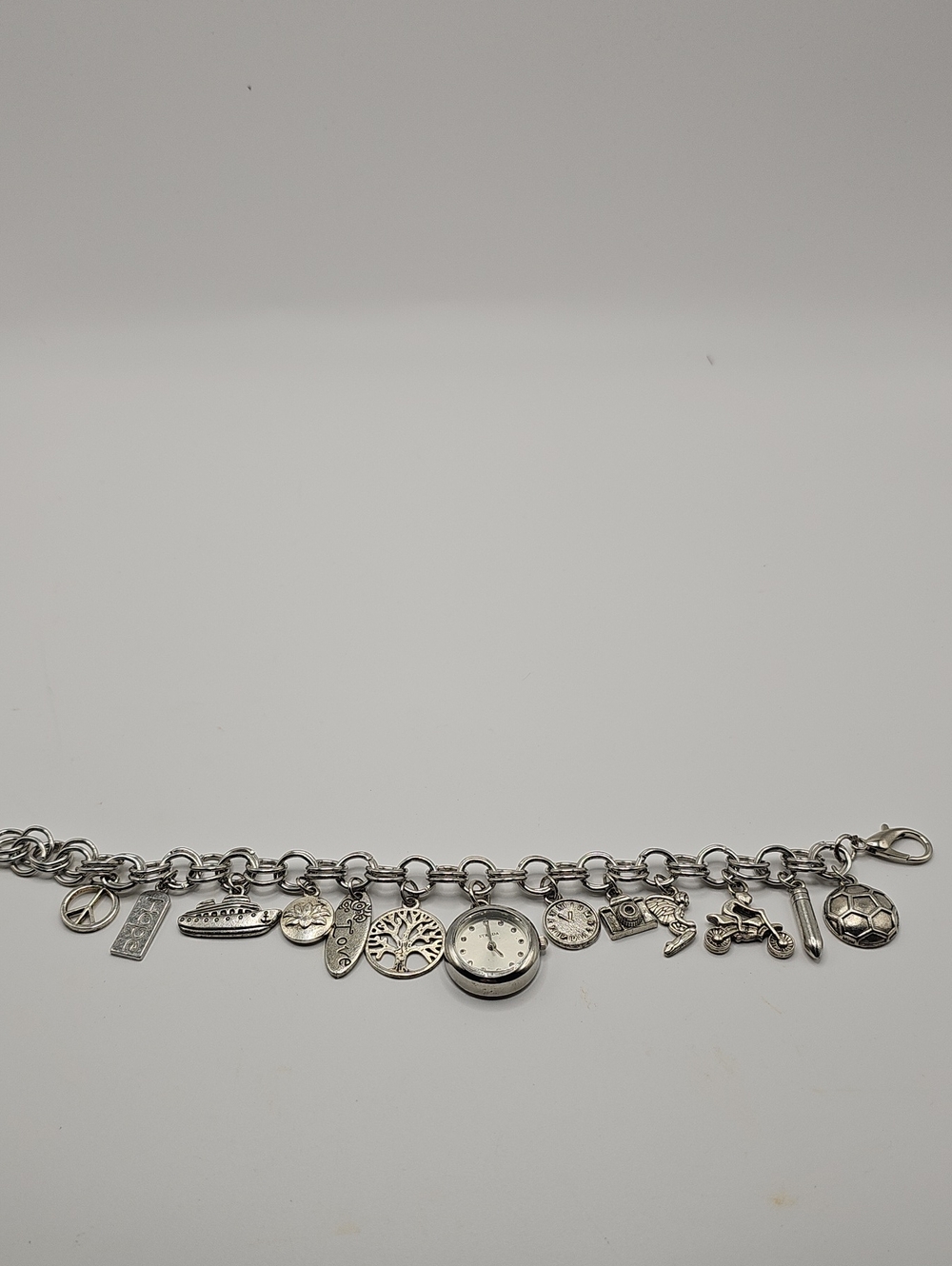 Silver Charm Bracelet with Watch and Assorted Charms. So Fun, 14 Charms.